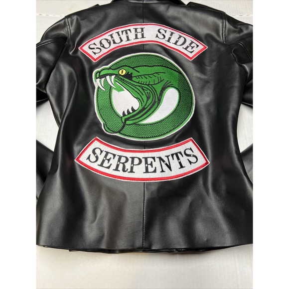 Celeb Leather Jacket Women's Small Patched Zippers Belt Black South Side Serpent - Picture 2 of 12